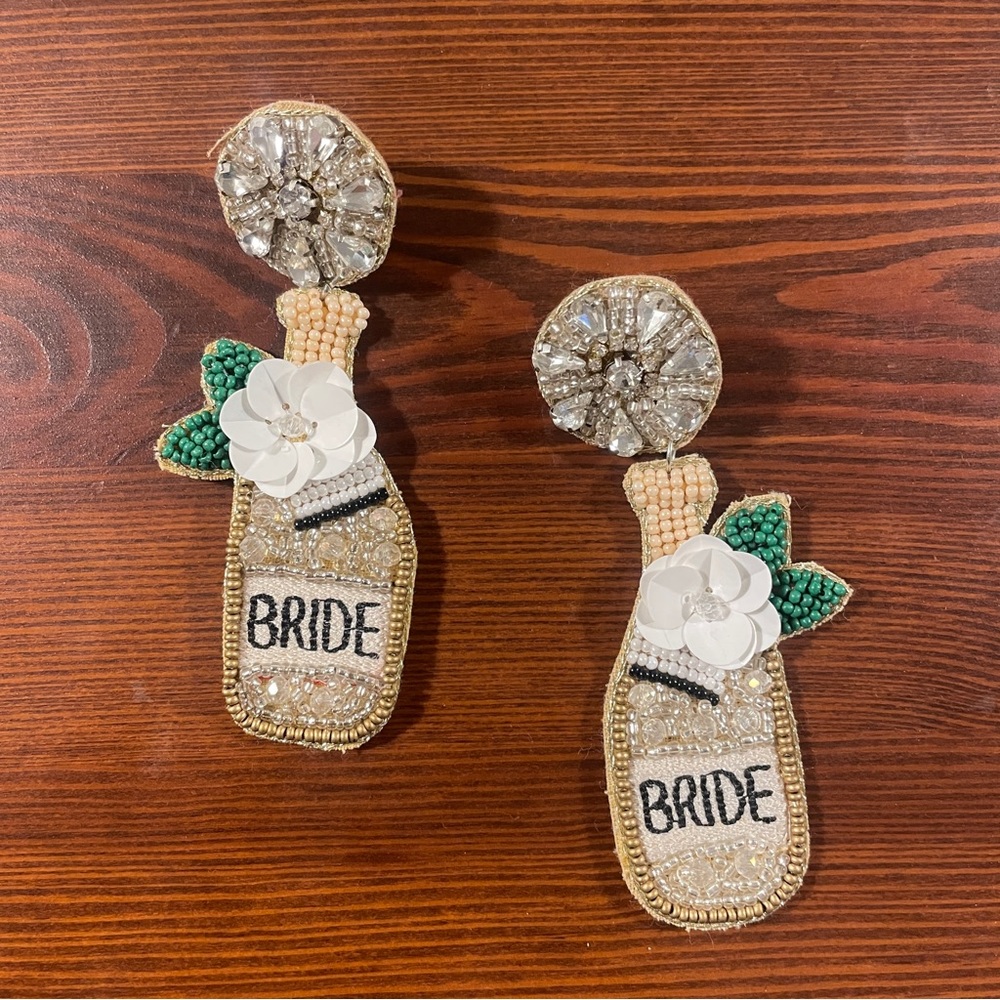 Sequin champagne bottle BRIDE earrings